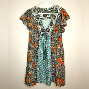 Patchwork Flutter Sleeve Mixed Print Dress by Anthropologie | Medium | Like New